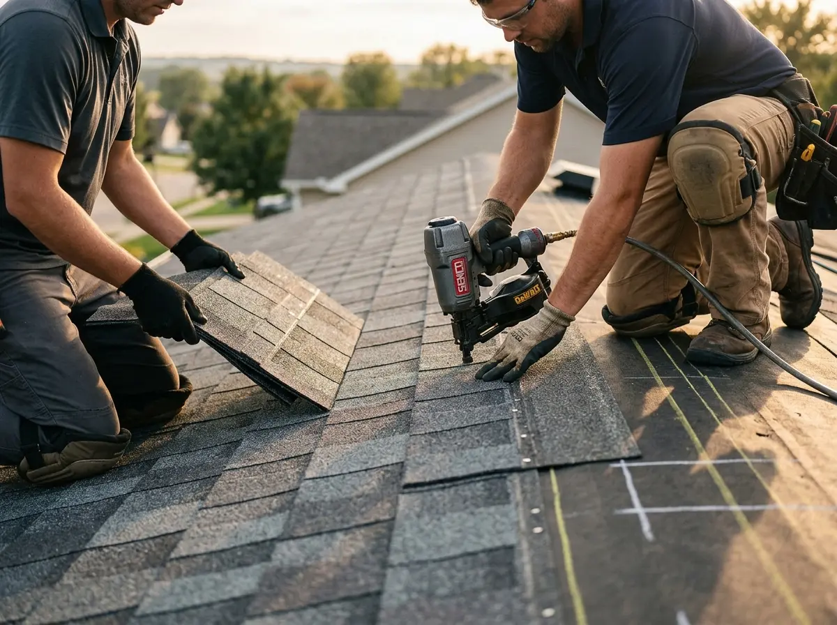 Professional roofer working on a residential roof in Cody